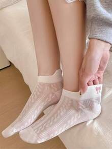 6 Pairs New Spring/Summer Fashion Solid Color Bow Embroidery Print Women's Lightweight Hollow-Out Sweat-Absorbent Random Color Elastic Short Socks, Elegant Versatile Breathable Durable - Multicolor - View 8