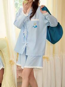 Gongdie 2 Pieces Disney Alice Women Pajama Set,Spring Fall Soft Cotton With Bow Tie & Ruffle Trim Loungewear - Baby Blue - View 2