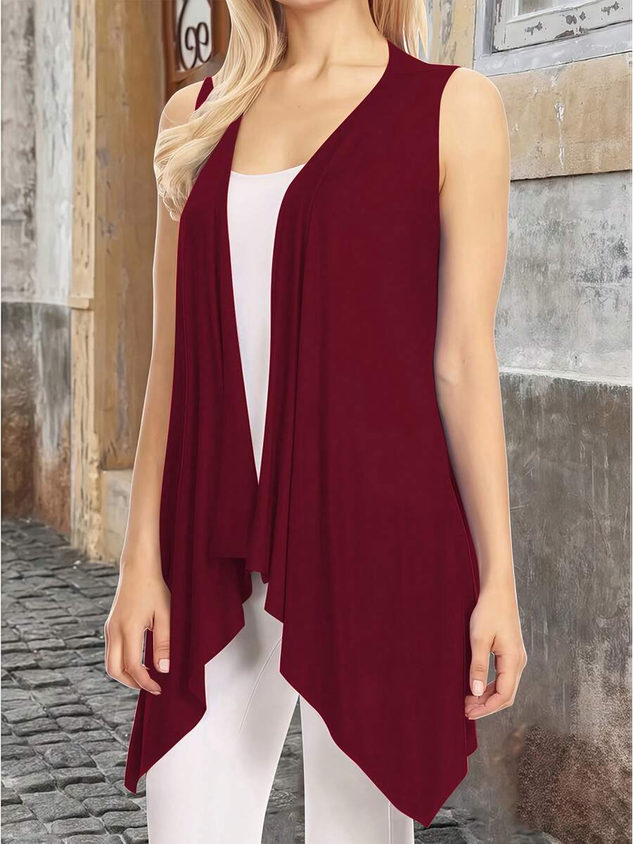 Plus Size Long Cardigan, Shawl Style, Modern, Elegant, Solid Color, Lightweight, Sleeveless, Open Front. - Burgundy - View 1