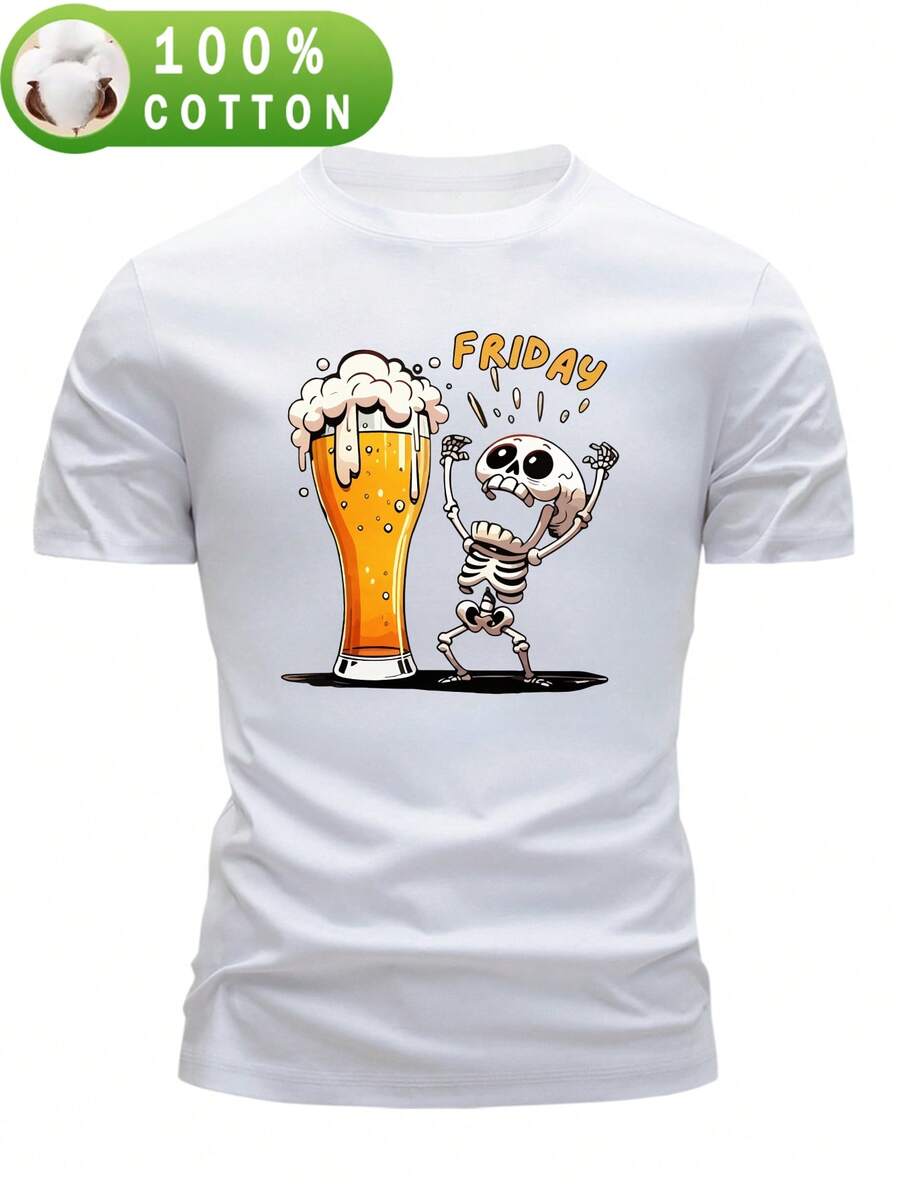 Camiseta de hombre 100% algodón, de manga corta para verano, corte ajustado a la moda, casual y versátil para el día a día, con un divertido estampado de una calavera levantando un vaso. - Blanco - Ver 1