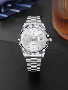 RICECGO Men's Stainless Steel Band Quartz Watch, Minimalist Business Style, Perfect Gift For Any Occasion - Silver - View 3