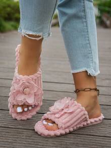 Women's Rabbit Fur Butterfly Flower Design Loose Fit Open Toe Slippers, Comfortable Solid Color Plush House Shoes For Bedroom And Floor - Pink - View 2