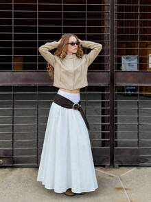 OUTTA BOX Minimalist Stand Collar Solid Color Faux Leather Fitted Jacket, Fashionable Solid Color Faux Leather Jacket With Epaulets, Elegant Spring Jacket - Beige - View 3