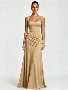Elegant Women's Casual Party Dresses, Solid Color Strapless Sleeveless Fitted Waist Full Skirt European American Style Prom Dress - 卡其色 - 查看 7