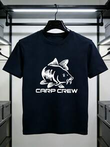 Boys' Short-Sleeved T-Shirt With A Unique "Carp Silhouette" Print, Suitable For Casual Outdoor Wear, American Retro Style, And Workwear. A Summer T-Shirt. - 寶藍色 - 查看 10