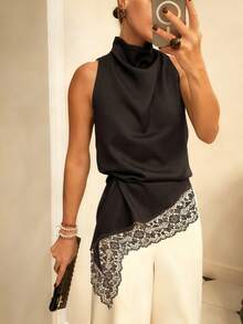 Women's Sleeveless Blouse With Wrap Neck, Black Satin With Asymmetrical Lace Edge Detail, Elegant Top For Office And Formal Outings - 棕色 - 查看 2