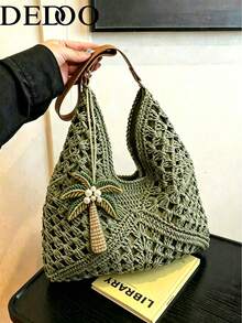 Dedoo Tas Bahu Rajut Bohemian Wanita Kapasitas Besar, Motif Pohon Kelapa Manik-manik, Pegangan Kulit, Cocok untuk Musim Panas (Pengait Liontin Acak) - Hijau - View 6