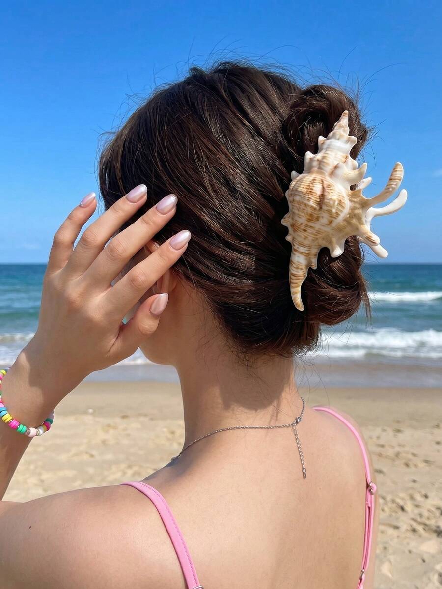 1件裝女性用大號貝殼髮夾 貝殼造型抓夾 夾髮髮飾 海灘夏季美人魚風 防滑強力抓髮夾 - 彩色 - 查看 1