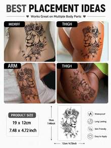 10 piezas/2 piezas Pegatinas de tatuaje desechables realistas de león negro con rosa & hortensia, tatuajes temporales realistas grandes de flores & animales a prueba de agua, pegatinas de decoración corporal sexy para cintura y caderas de mujeres, pegatinas de arte corporal temporal grandes de flores & animales de larga duración - Negro - Ver 4