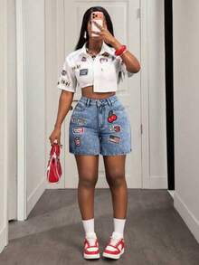 Women's Summer Slant Pocket Detail Denim Shorts - Azul lavado medio - Ver 1