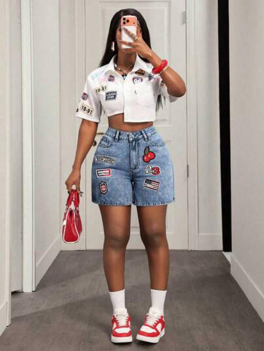 Women's Summer Slant Pocket Detail Denim Shorts - Azul lavado medio - Ver 1