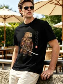 T-shirt da uomo con stampa grafica Samurai Capybara, in morbido cotone, vestibilità ampia e comoda, stile street hip-hop, stampa di . - nero - Visualizzare 2