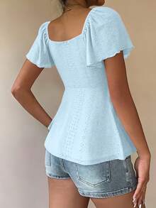 Women's T-Shirt, Modern And Elegant, New For Spring/Summer, Y2K Style, Solid Color, Jacquard, Comfortable And Breathable, With V-Neck, Adjustable Drawstring And Short Sleeves - 藍色 - 查看 2
