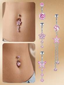 Pink Belly Rings Belly Button Ring Dangling Navel Belly Piercing Jewelry Pink CZ Butterfly Flower Navel Belly Rings Dangling Belly Button Piercing - Silver Pink - View 4