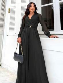 Elegant Women's Long Sleeve Loose Jumpsuit With Belt, Lined Tulle - 黑色 - 查看 3