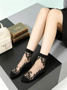 5 Pairs Women Black Lace Sheer Crew Socks, Summer Ultra-Thin Transparent Crystal Silk Non-Slip Cotton Sole Short Socks - Multicolor - View 2