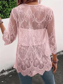 Cárdigan largo de talla grande para mujer con tapeta frontal de encaje. - Color azul marino - Ver 9