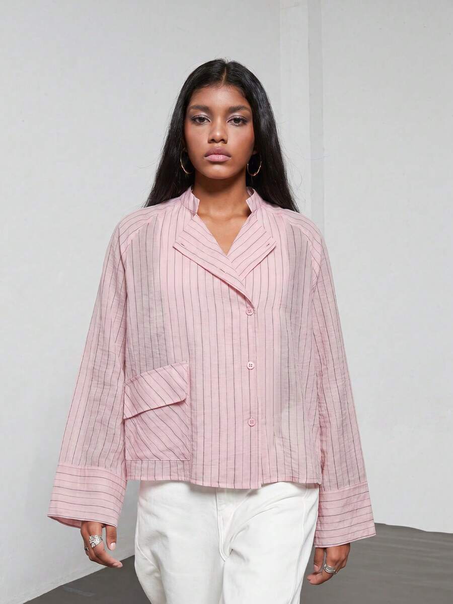 Se-Helo Women's Comfortable Casual Daily Commute Minimalist Elegant Loose Striped Shirt With Pocket Detail, Spring/Summer Pink - Pink - View 1