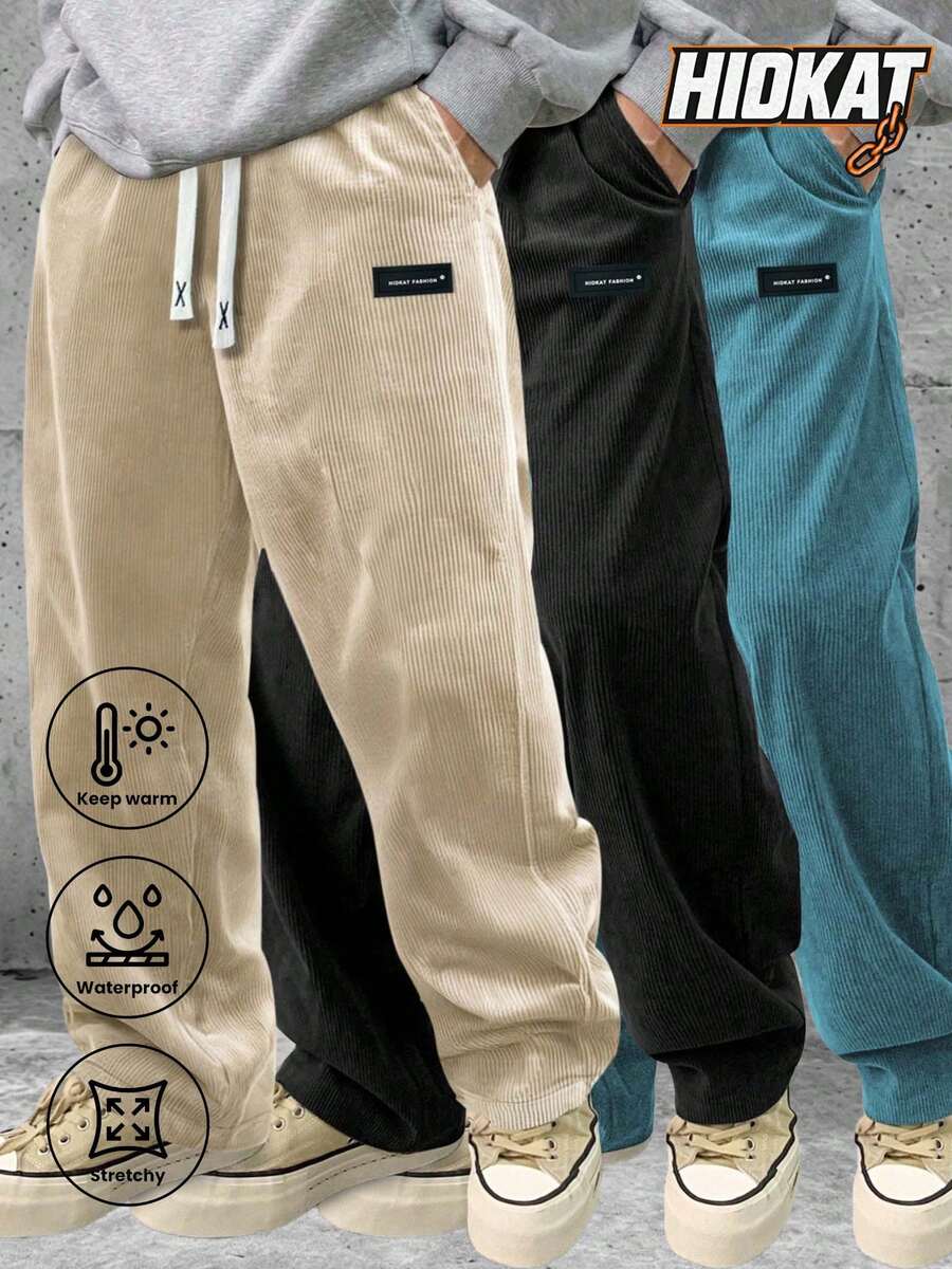 Hidkat Men's Vintage Wide-Leg Corduroy Casual Pants With Slant Pockets - Breathable Straight Leg Drawstring Waist Sweatpants, Suitable For Casual City Walks - 卡其色 - 查看 1