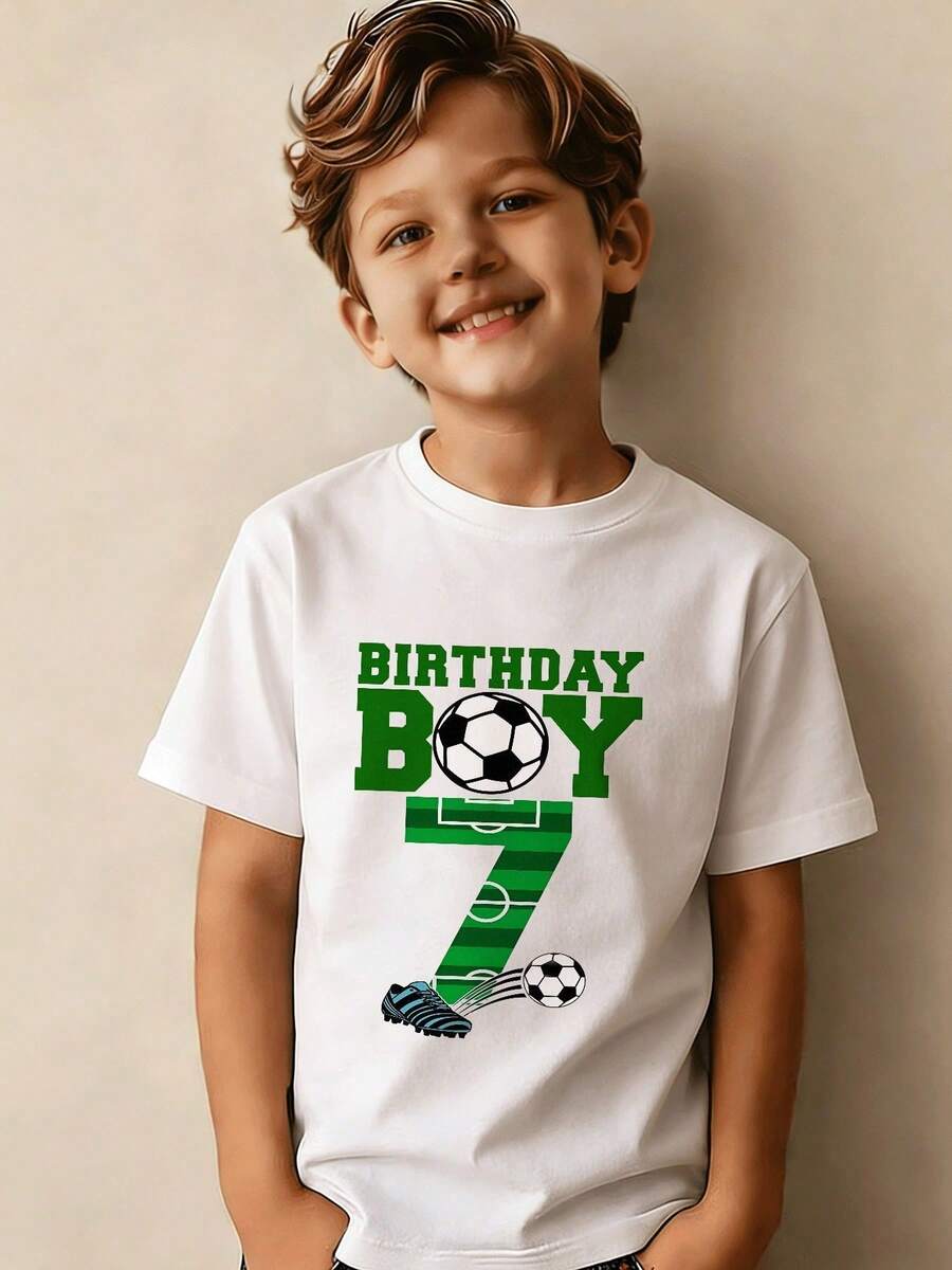 Boy's Number 7 Birthday Party T-Shirt, Featuring A "Birthday Boy" Print In Green Lettering, A Casual Short-Sleeved Sporty Style With Stadium Numbers And A Soccer Ball Design. - 白色 - 查看 1