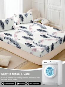 1pc Feather Print Bed Sheet, Bedding, Fitted Sheet, Mattress Cover, Soft And Comfortable Bedding For Bedroom Mattress Protector Fitted Bed Sheet Only, Machine Washable - Multicolor - View 7
