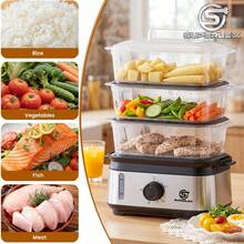 SUPERLEX 3-Tier Electric Food Steamer With 950W High-Power Fast Cooking, 9.6QT Large Capacity Multi-Tier Steamer For Family Dinners, Boil-Dry Protection, Dishwasher , 60-Min Timer, Stainless Steel White Steamer For Seafood, Vegetables, Chicken, Fish, Rice - View 6