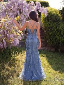 ADYCE 優雅亮片刺繡雙肩帶V領高腰開衩露背交叉綁帶拖地晚禮服，適用舞會派對婚禮 - 灰藍色 - 查看 2