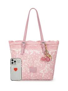Literarische Tragetasche mit Spitzen-Nischendesign und Schleife, modische und einfache lässige Handtasche, geeignet für Urlaub, Strand, Pendeln, tägliche Kombination, Fotos und Geschenke - Pink - Übersicht 6
