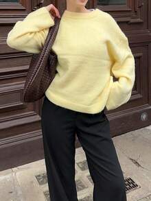LUBI Spring/Autumn Minimalist Long Sleeve Crew Neck Loose Solid Color Pullover Sweater, Home And Casual Wear Yellow Fall - Yellow - View 3