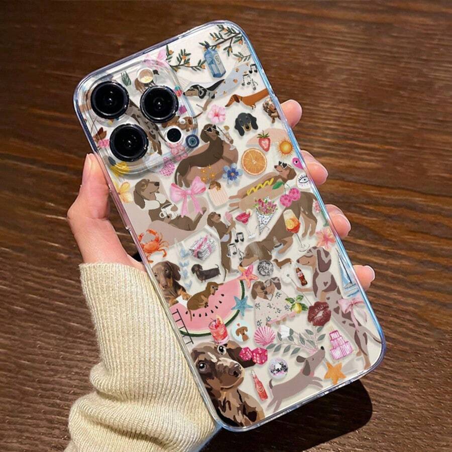 1 pieza Funda de teléfono con patrón de perro salchicha transparente de TPU con cobertura completa - Multicolor - Ver 1
