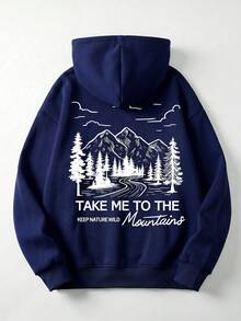 Women's Navy Blue Thermal Lined Hooded Sweatshirt With Forest & Mountain Graphic, Vintage Casual Sweatshirt For Autumn/Winter Fall - Navy Blue - View 2