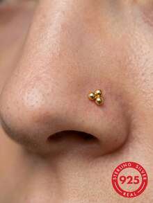 lunastudio 1 pieza de pendiente de nariz minimalista de plata de ley 925 chapada en oro de 18K con 3 bolas y barra en L, adecuado para el uso diario de las mujeres - Dorado - Ver 1