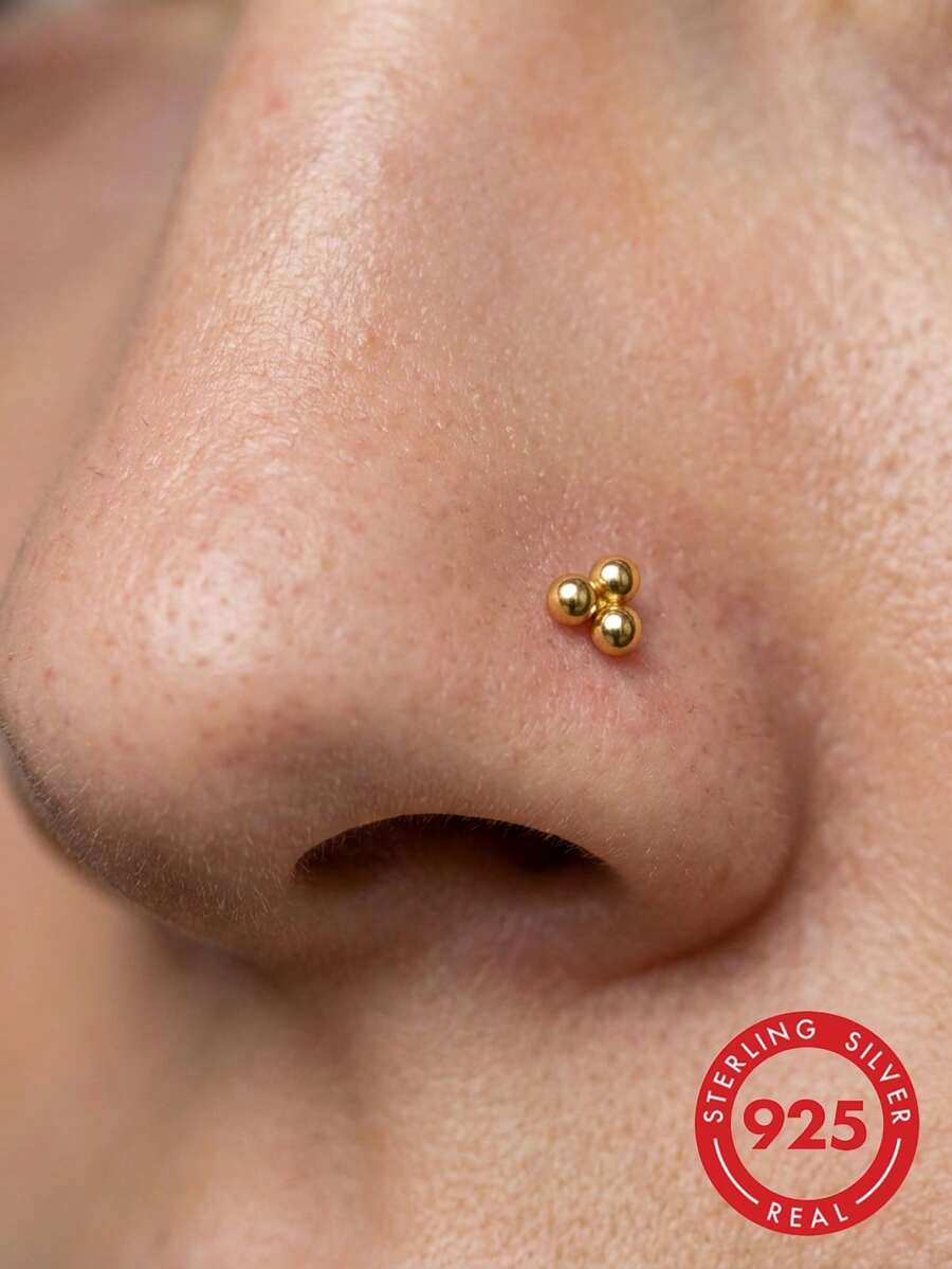 lunastudio 1 pieza de pendiente de nariz minimalista de plata de ley 925 chapada en oro de 18K con 3 bolas y barra en L, adecuado para el uso diario de las mujeres - Dorado - Ver 1