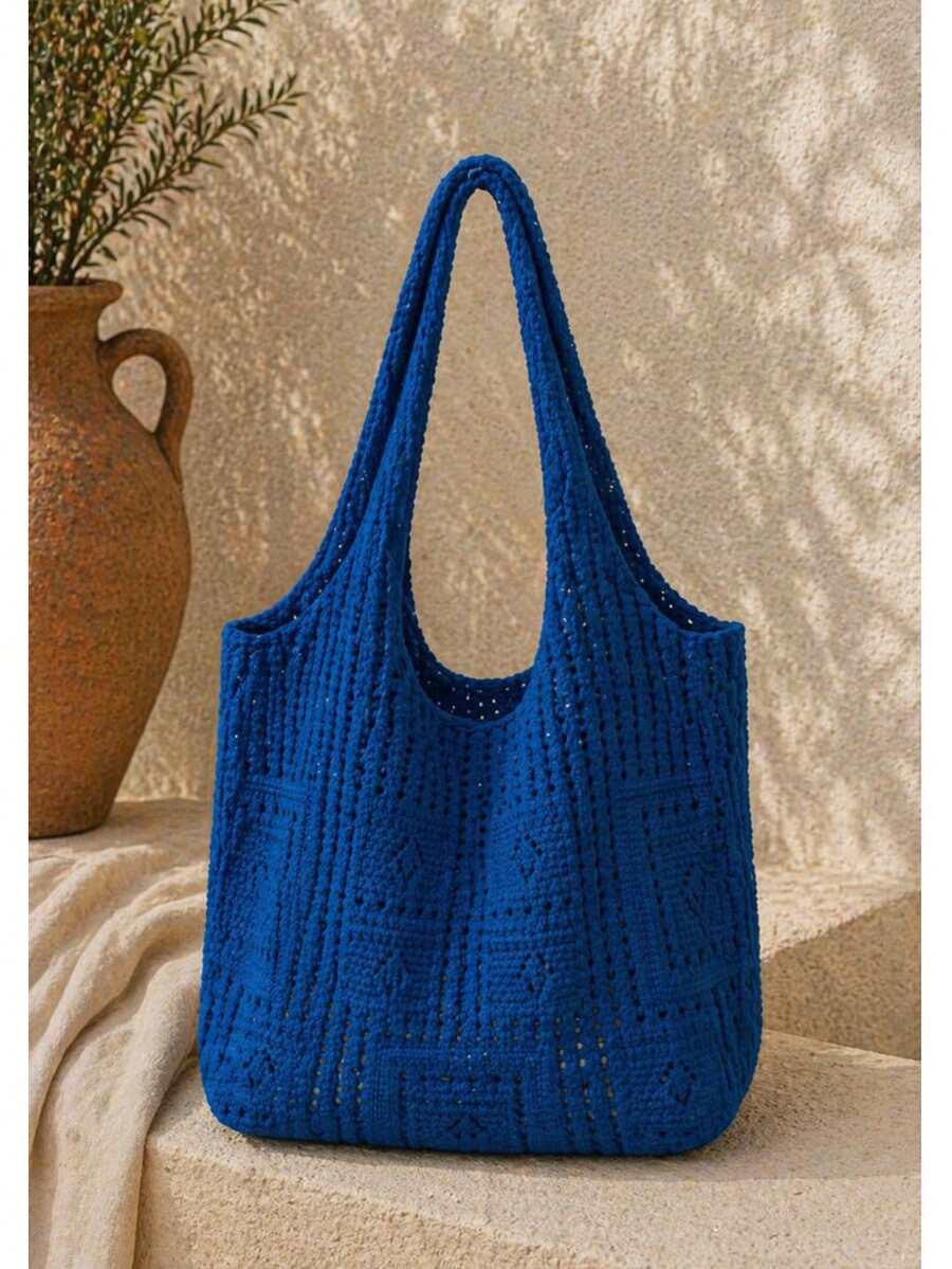 Damen minimalistische Häkel-Schultertasche, Boho Strick-Tragetasche, durchbrochene Sommer-Strandtasche & große Kapazität Alltag-Einkaufstasche - Königsblau - Übersicht 1