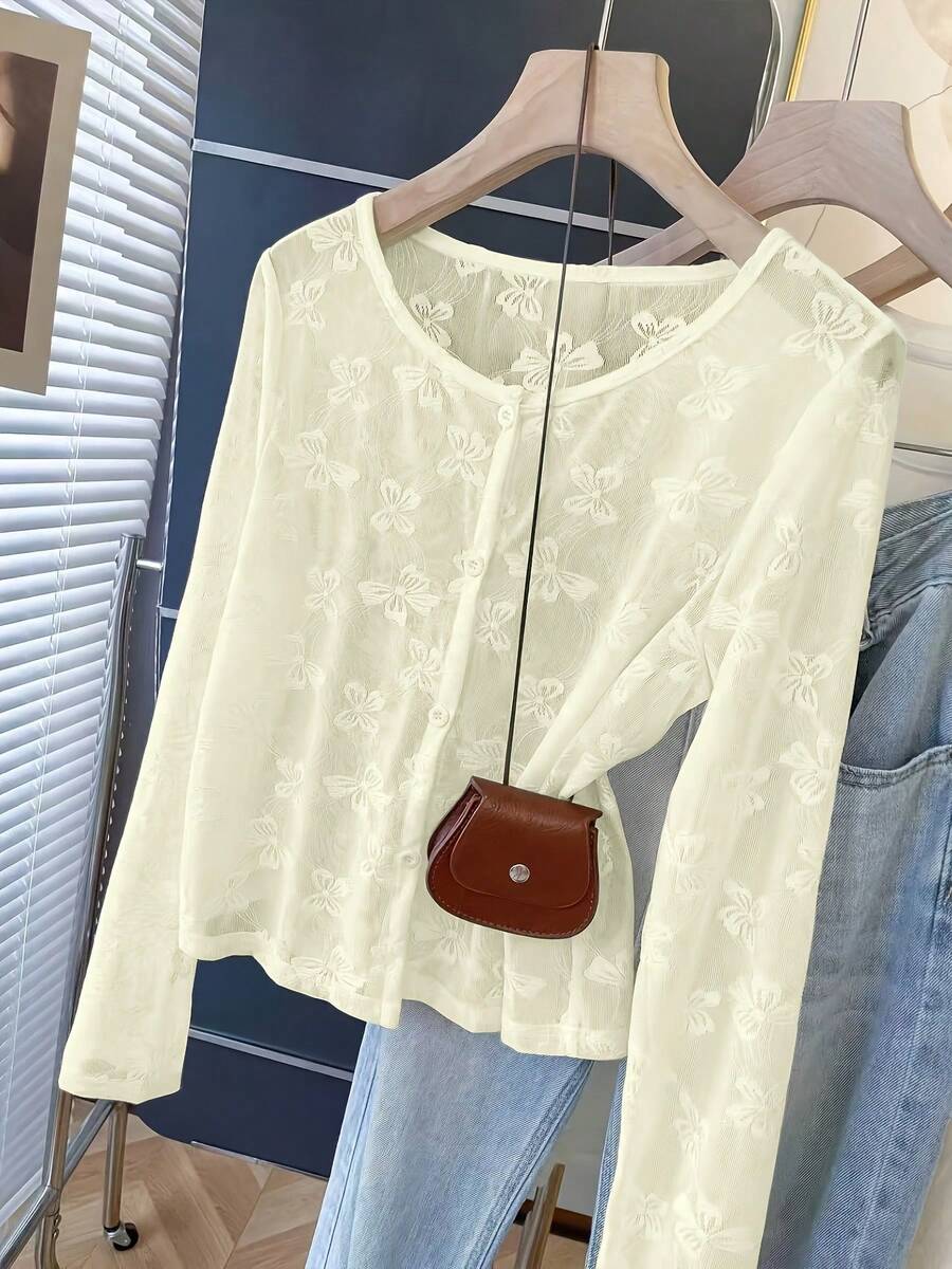 Casual, Versatile And Lightweight Jacket With Jacquard Butterfly Print. - Apricot - View 1
