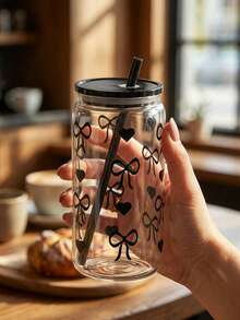 1pc Fashion 16oz Pink/Black/Blue Bow Plastic Cup With Lid And Straw, Perfect For Iced Coffee, Portable Drinks And Juices, Smoothies, Ideal Gift For Women And Sisters, Suitable For Office, Home Office, Back To School, Student Water Cup, Suitable For Summer And Winter, Birthday, Holiday And Gift, Back To School, Valentine's Day, Mother's Day, Father's Day, Kitchen Accessories - Multicolor - View 2