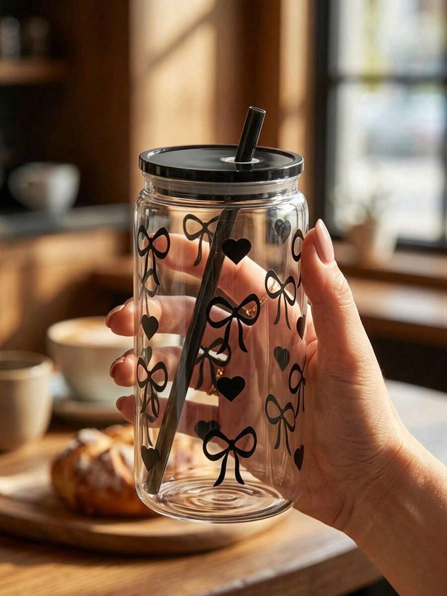 1pc Fashion 16oz Pink/Black/Blue Bow Plastic Cup With Lid And Straw, Perfect For Iced Coffee, Portable Drinks And Juices, Smoothies, Ideal Gift For Women And Sisters, Suitable For Office, Home Office, Back To School, Student Water Cup, Suitable For Summer And Winter, Birthday, Holiday And Gift, Back To School, Valentine's Day, Mother's Day, Father's Day, Kitchen Accessories