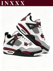 Men's White Wine Red Air Cushion Trainers, AJ4 Style Non-Slip Mid Tops For Sports & Long-Time Walking - 大巴黎 - 查看 3