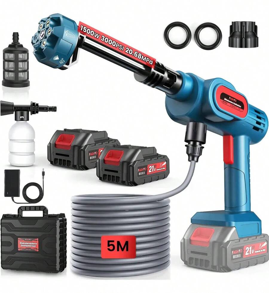 Hidrolavadora Inalámbrica Eléctrica Portátil FAGHTO 1500W 3000PSI 20.68 MPa 206.8Bar 18L/min Alta Presión Con 2 X 21V 13000mAH Baterías Pistola Para Lavado Autos Portatil Pistola Para Hidrolavadora - A - Ver 1