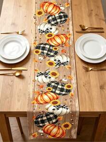 1/100pcs 35*180cm Autumn Decorative Table Runner, Cute Pumpkin Sunflower Maple Leaf Theme Tablecloth Halloween Table Decor, Seasonal Autumn Thanksgiving Kitchen Dining Table Decoration Home Decor, Indoor And Outdoor Use, Holiday Table Decor, Halloween Party Supplies. - Multicolor - View 4