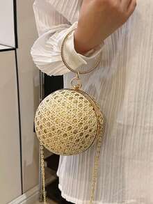 女款水鑽球飾晚宴手拿包，附可拆式鍊條，優雅新娘斜背包，適合婚禮、舞會、雞尾酒會、伴娘使用 - 金色 - 查看 2