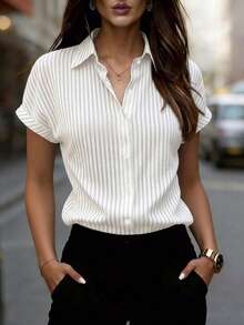 Women's Striped Front Button Short Sleeve Charmeuse Shirt Blouse, White Summer Office Wear - White - View 1