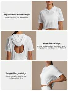 Women's Lightweight Short Sleeve Hooded Backless Batwing Short Sports Top, Yoga Fitness Running Workout T-Shirt - White - View 4