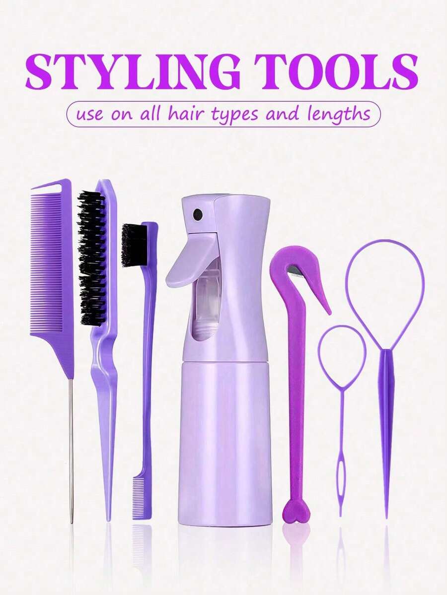 7pcs/3pcsHair Styling Tool Set, 200ml Spray Bottle, Detangling Brushes, Teasing Brush, Rat Tail Comb, Edge Brush, Braiding Tools, Elastic Band Cutters - Multicolor - View 1