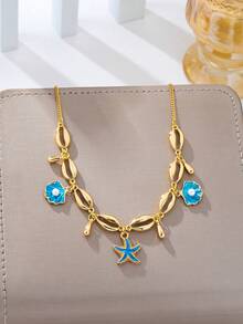 1pc Ocean Series Vacation Style Oil Drop Starfish Shell Pendant Necklace Women's Casual Clothing Accessory - Yellow Gold - View 2