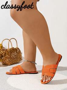 Wide Fit Women's Fashionable Snake Print Open Toe Orange Sandals, Vacation Style PU Flat Sandals For Summer - Burnt Orange - View 2