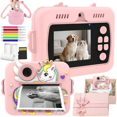 Kids Camera Toy, Instant Camera For Children, Birthday Gift For Girls 3-12 Years Old, Can Record Video, Doodle Photos, Fun Interactive, Comes With Exquisite Gift Box, Ideal Toy For Kids, Back To School Gift, Christmas Gift - Pink