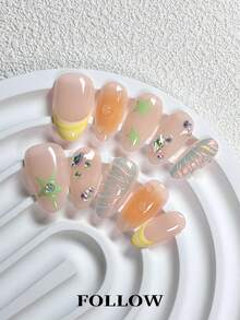 10片手工穿戴甲，杏仁形，可重複使用美甲套裝附美甲工具，可愛夏季風，透明、黃色、水鑽、星星、腮紅、粉末、條紋圖案，手繪，適合日常與派對穿著 - 彩色 - 查看 3
