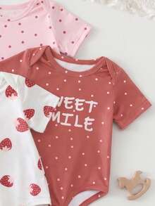 3pcs/Set Girls' Cute Strawberry Print Romper, Soft Knit Fabric, Button Design, Casual Vacation Style Girls' Clothing, Suitable For Outdoor Play, Party, Daily Casual Wear - Multicolor - View 3