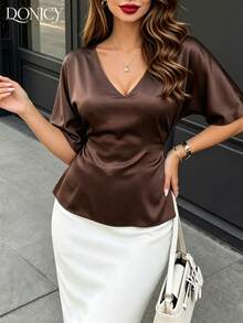 DONICY Women's Brown Flowy Waist-Tie Round Neck Fashion Casual Top - Coffee Brown - View 5